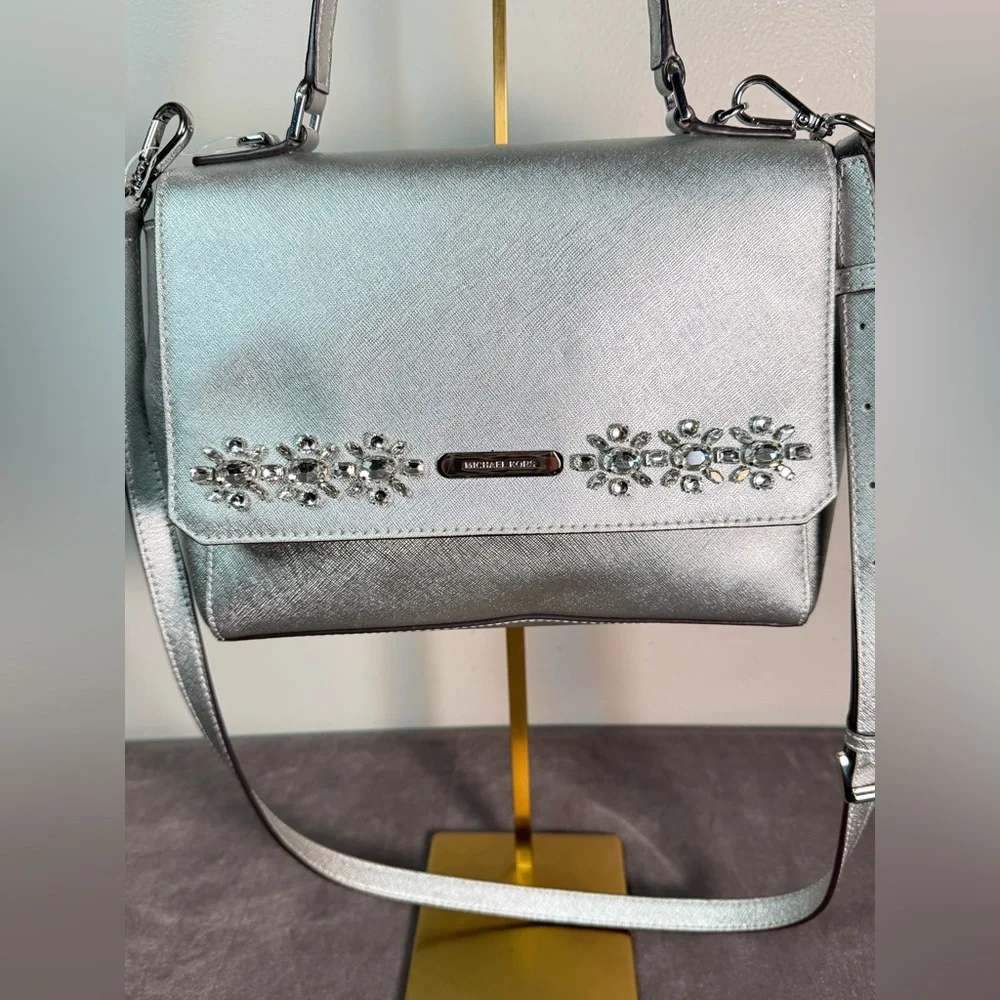 Michael Kors satchel crossbody Saffiano leather metallic silver crystal floral - Picture 3 of 16